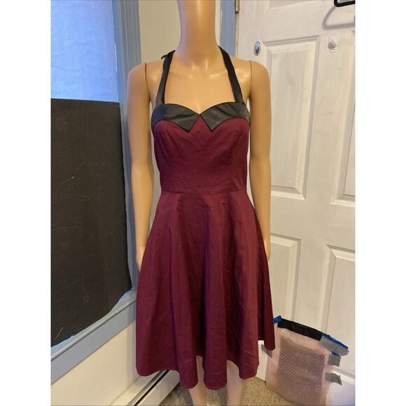 VTG 1980s Dressystar Milkmaid MidiDress MaroonBlack Goth Vamp Halter Strap Tie - Picture 11 of 12